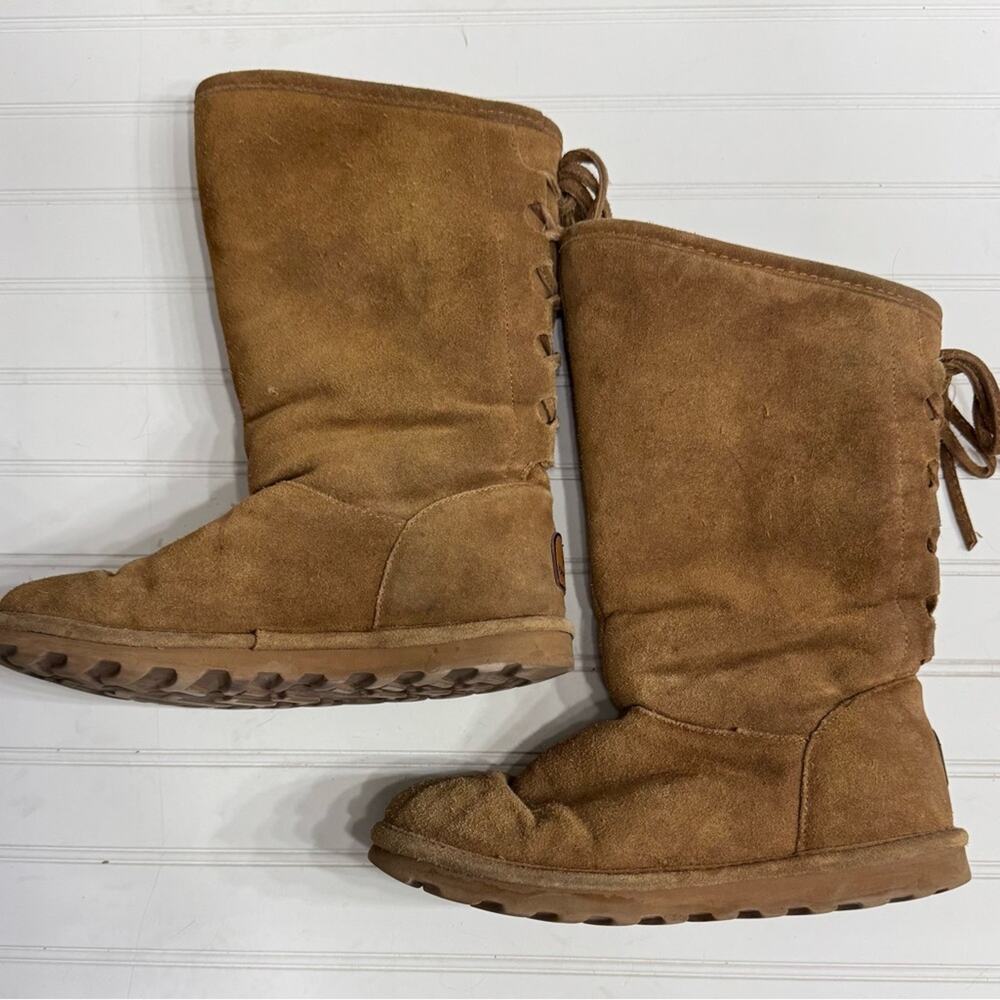 BearPaw Womens Sz 8 Tan Phylly Hickory Tall  Suede Boots Lace Up Back